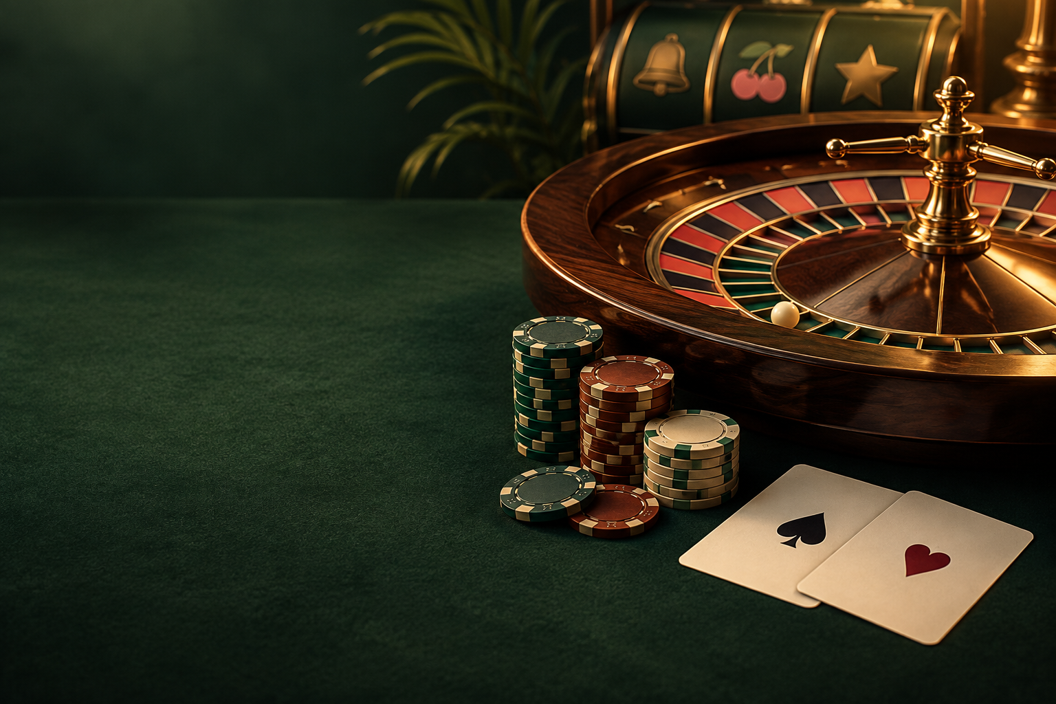 Ilustrasi meja roulette dengan kartu dan keping kasino bercahaya tembaga