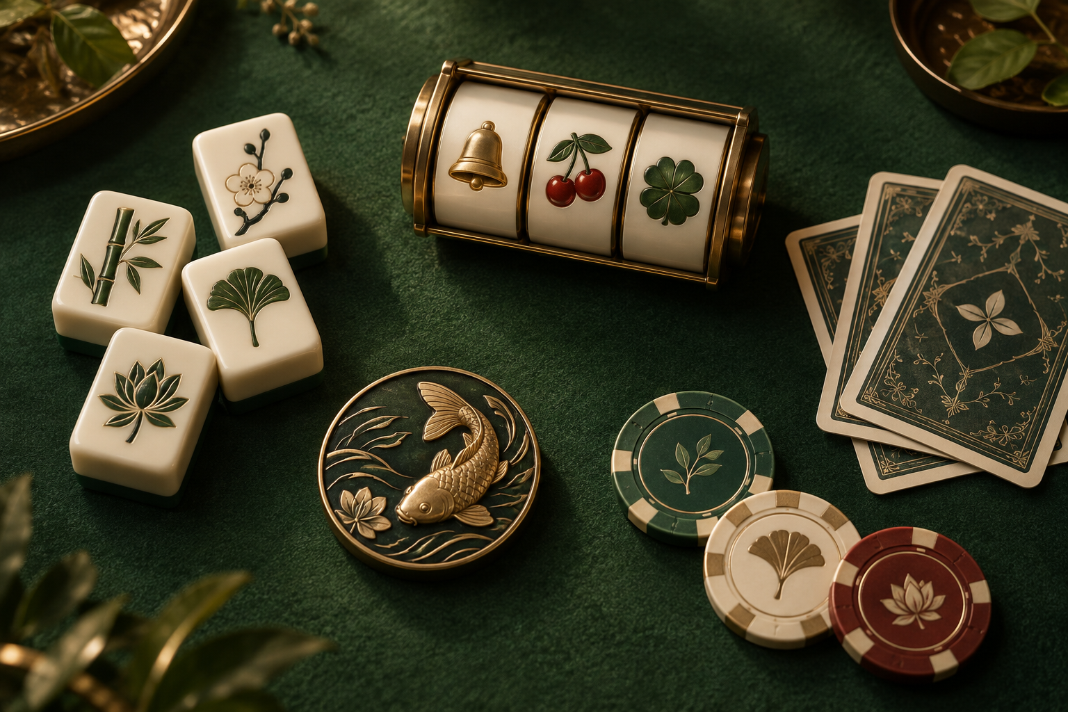 Ilustrasi gulungan slot, ubin dan kartu di meja kasino